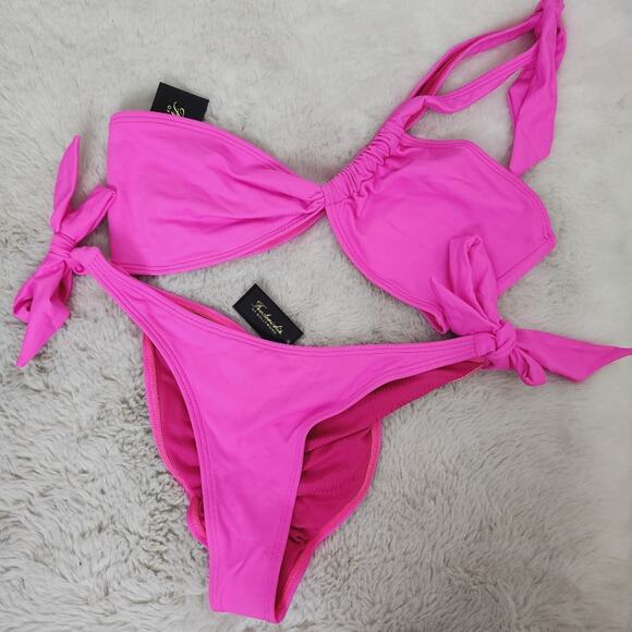 NWT Frederick's of Hollywood Laguna Bikini Set Hot Pink One-Shoulder Cheeky - Picture 1 of 12